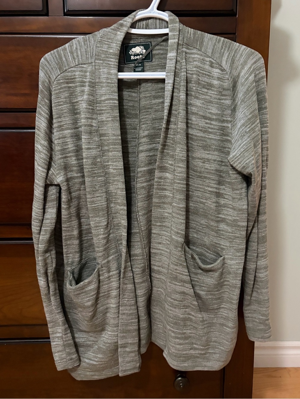 Roots Open-Front Cardigan Sweater in Heathered Olive Gray
